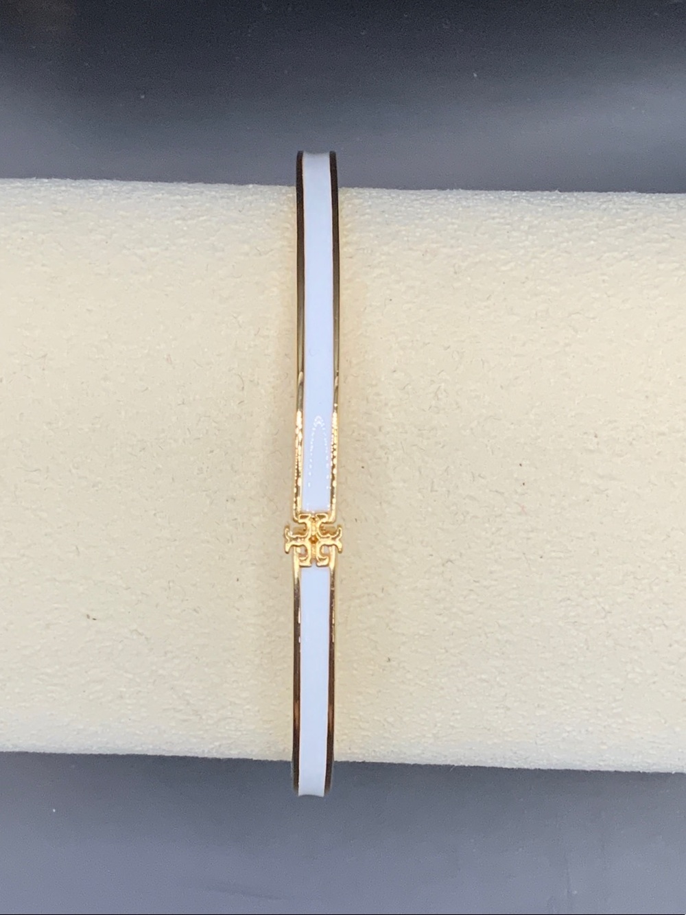 Tory Burch Gold-Tone White Enamel Slim Hinged Bangle